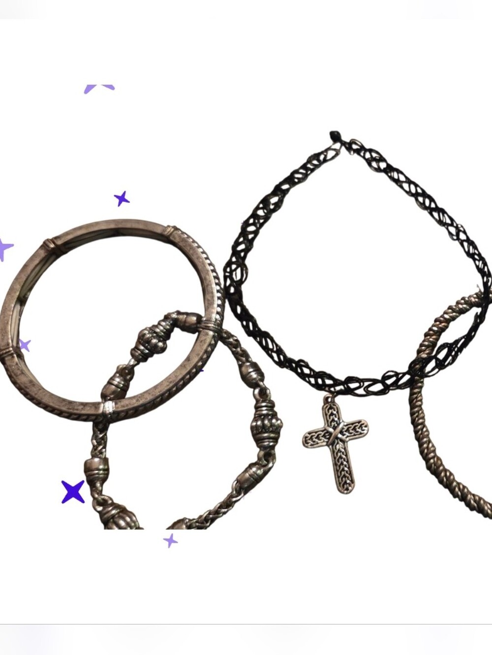 Vtg Lot Silver-Tone Cross Pendant Necklace and Bracelet Set - Silver